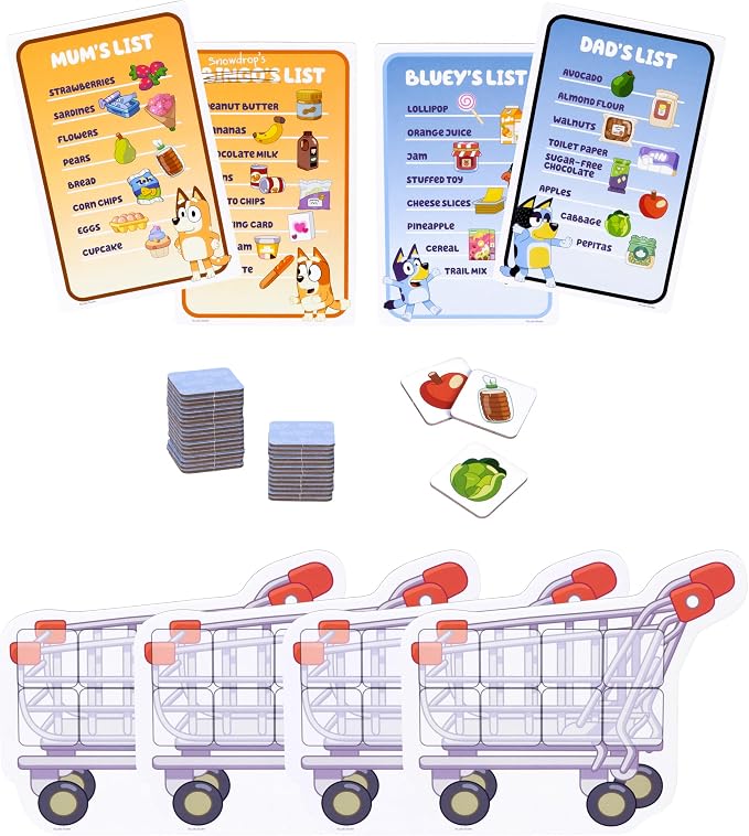 Bluey Shopping List Game, Memory & Matching Supermarket Game | Race to fill trolley with Bluey, Bingo, Bandit & Chilli, 2-4 players; family game for kids ages 3+