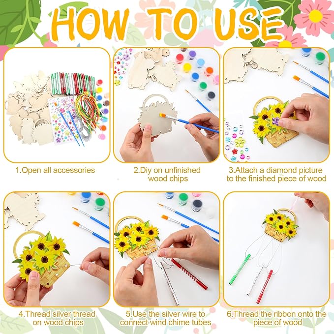JellyArch 30 Pack Summer Crafts for Kids Wind Chime Making Kit DIY Set | Wooden Sunflower Butterfly Designs with Paints Brushes Stickers, Crafts for Classroom Summer Camp Party Activities