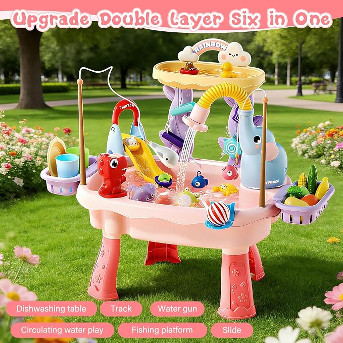2027 Upgraded 4-in-1 Water Table for Toddlers 2-3, Kids Sensory Table with Electric Water Pump & Faucet, Kitchen Play Sink Toys with Food Accessories, Fishing Toy (NEW Pink)