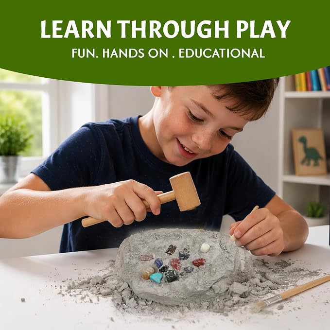 LotFancy Gemstone Dig Kit for Kids, 20 Real Gems, Science Excavation Gift | Rocks Stones Collection,Ages 8-12 Fit,STEM Classroom Learning Activity,Birthday Gift for Boys Girls,Geology Discovery Toy