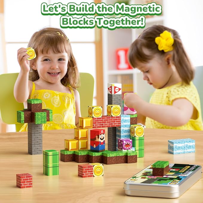 Magnetic Adventure Travel STEM：35PCS Mini Blocks Kit for Ages 3-5 | Magnetic Tin Box Baseplate, 35 Adventure Builds, 40+ Min Focus, 0.8in Mini, N32 Magnets, ASTM Certified, Travel Ready