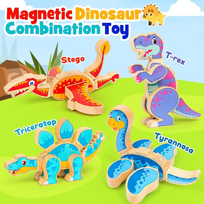 Dinosaur Toys for Kids 3-5,Wooden Magnetic Dino Take Apart Building Blocks Toys for Fine Motor Skills & Creative Play,Easter Basket Stuffers Gifts for Boys Girls