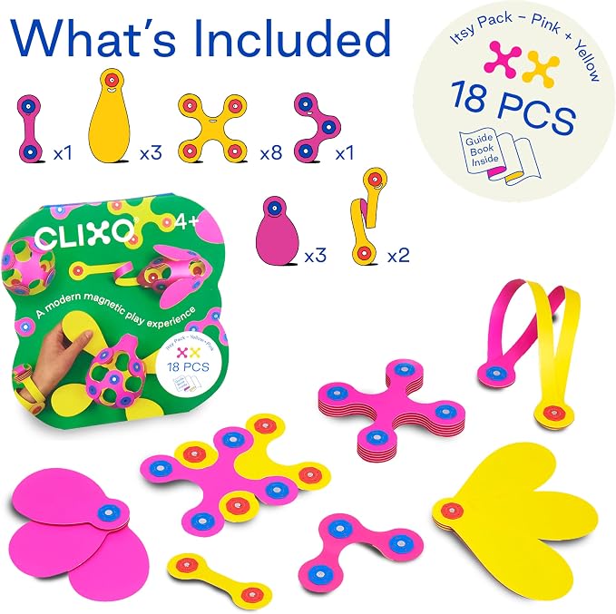 Clixo Itsy Pack, Fun Travel STEM Magnetic Toys (18 Pc, 4+, Pink/Yellow) | Compact open ended toys for screen-free play. Airplane activities and kids road trip games. Easy to clean magnetic STEM sets.