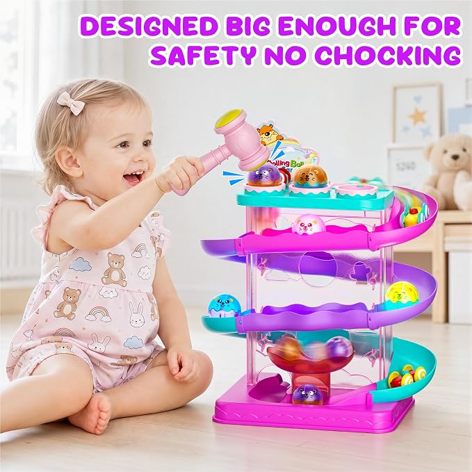 2-in-1 Ball Drop & Car Ramp Race Track Montessori Toy for Toddlers Ages 1-5 | Hammer Rolling Ball, Launch and Race Car-Cause and Effect Sensory STEM Learning Toys for 1-5 Year Old Boys & Girls