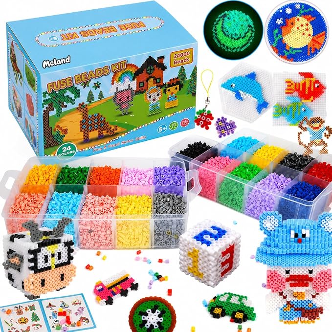 Meland Fuse Beads Kit, 5MM 24000 Beads in 24 Colors,Craft Gift for Age 5-12 | Includes 6 pegboards and craft accessories for colorful patterns, keychains and screen-free creative projects