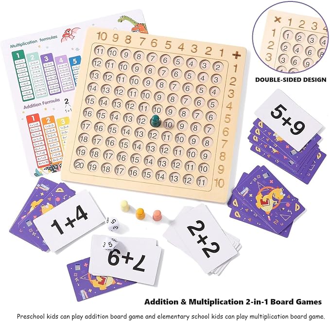 2 in 1 Multiplication Addition Math Board Game for Kids - Wooden Montessori Math Toys for Girls Boys 4 5 6 7 8 9 Years Old Wood Double Sided Board Table Dice Card Games for Family