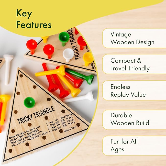 3 Pack - Wooden Triangle Peg Board Game - Retro Mini Travel Game