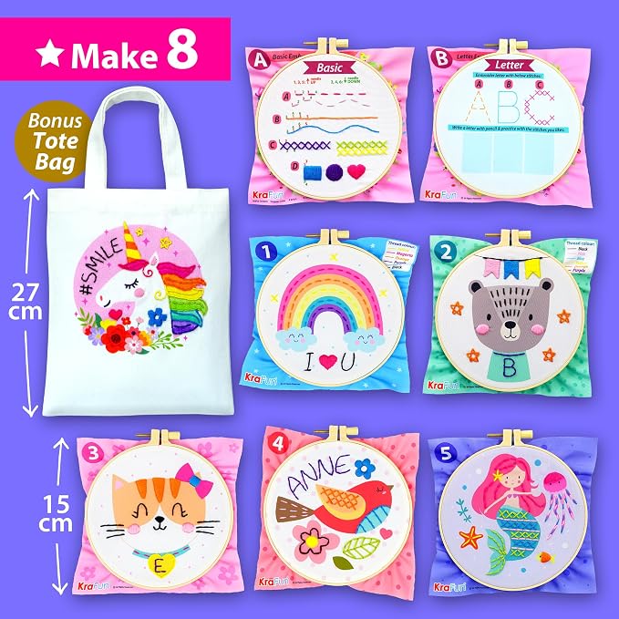 KRAFUN My First Embroidery Kit for Kids & Teens Age 8+ | 8 Projects | Beginner hand stitch set with hoop, tool box & DIY tote bag. Pre-printed cloths. Arts & crafts gift for girls