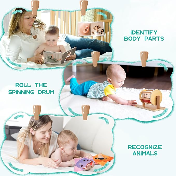 WOODMAM Montessori Toys for Babies 0-6 Months, 9 in 1 Educational Play Kit | Infant Toys 0-6 Months, High Contrast Cards, Baby Tissue Box Toy, Spinning Drum, Teether, Baby Gifts for Newborn 0-3-6 Months
