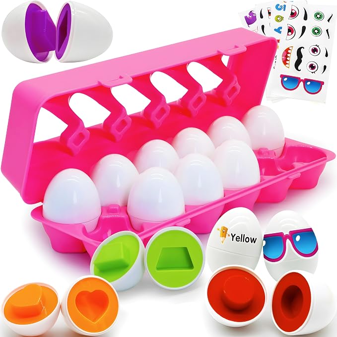 MOONTOY Montessori Matching Egg, 12PCS Color & Shape Recognition Toy for Toddler 2-3, Educational Learning Eggs Toy with Pink Storage Case, Easter Eggs Basket Stuffers Gift for 18M+ Year Old Girl Kid