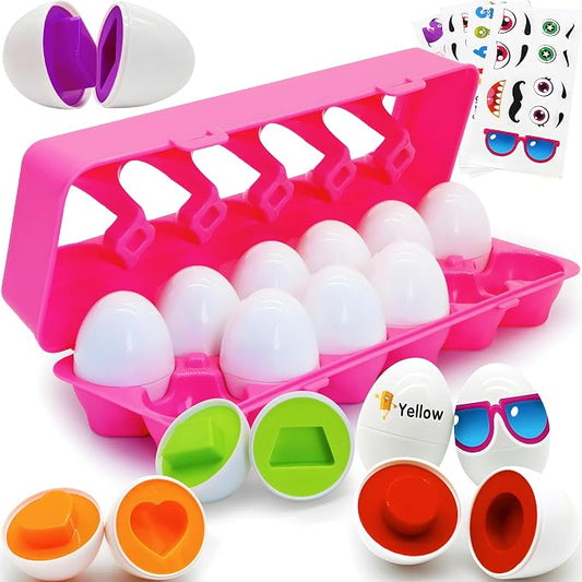 MOONTOY Montessori Matching Egg, 12PCS Color & Shape Recognition Toy for Toddler 2-3, Educational Learning Eggs Toy with Pink Storage Case, Easter Eggs Basket Stuffers Gift for 18M+ Year Old Girl Kid