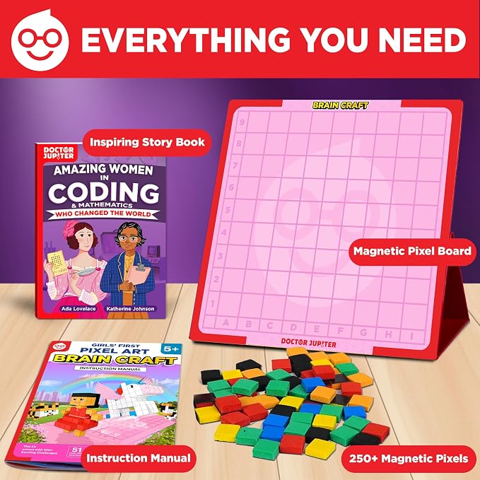 Doctor Jupiter Girls' First STEM Pixel Art Kit for Kids Ages 5+ | 100+ Coding Challenges, Birthday Gift for Girls Ages 5,6,7, Montessori Educational Math Toy