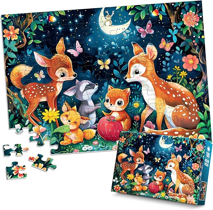 Biarek Puzzles for Kids Ages 4-8, 100 Piece Jigsaw Puzzle for Kids Ages 6-8, Cute Deer Animal Forest Puzzle for Kids Ages 4-6, Educational Learning Toys and Birthday Gifts for Boys and Girls