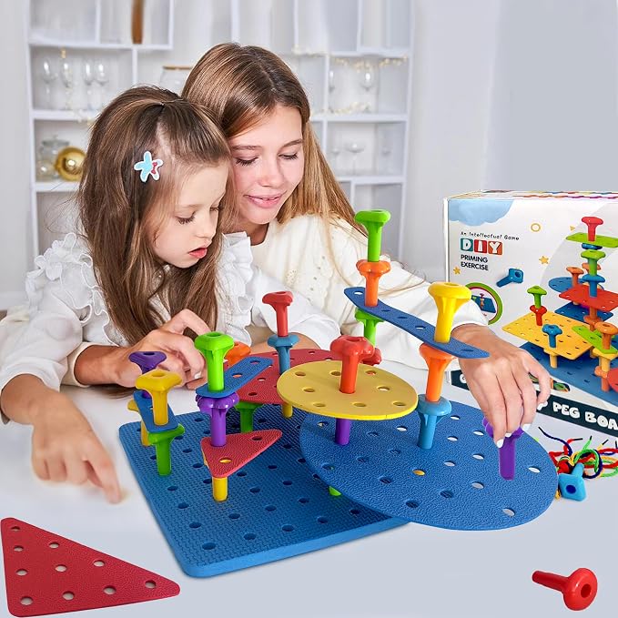 Counting Peg Board for Kids - Toddler Stacking Toys - 65 Pcs DIY Building Set Large Foam Board & Occupational Therapy Toys, Color Sorting & Lacing Toy , Montessori Tools, Peg Puzzles for Toddlers 3