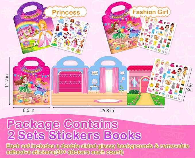 Reusable Sticker Books for Toddlers 1-3 Girls, 2 Pack Jelly Sticker Book with Princess and Fashion Girl, Dress Up Sticker Activity Travel Toys for Girls 2-4, Birthday Gifts Holiday Stocking Stuffers