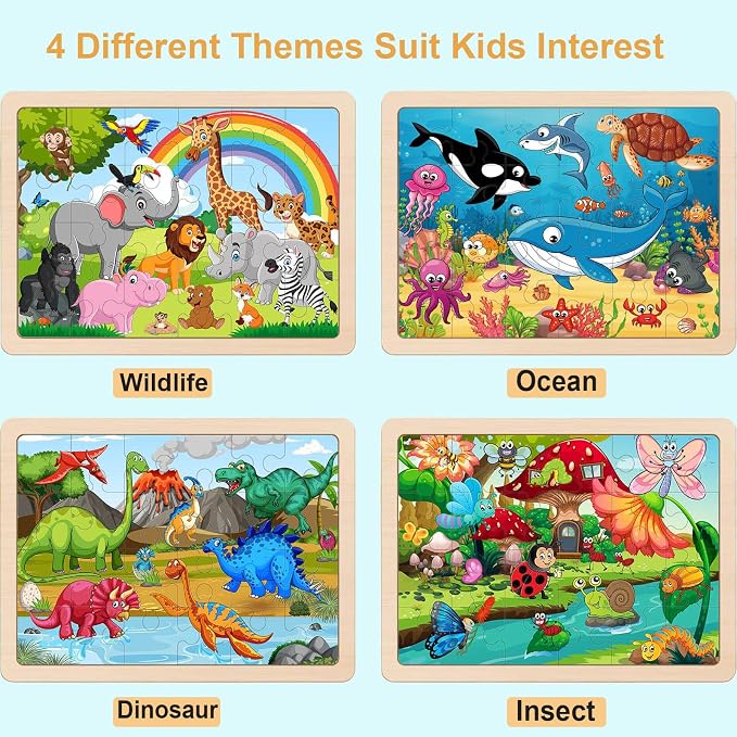 Wooden Puzzles for Kids Ages 3-5 4-6, 24 Piece Animals Puzzles Wooden Toys | 4 Pack Montessori Toddler Jigsaw Puzzles for Girl boy 3 4 5 6 Years Old,Preschool Learning Educational Birthday Gift Travel