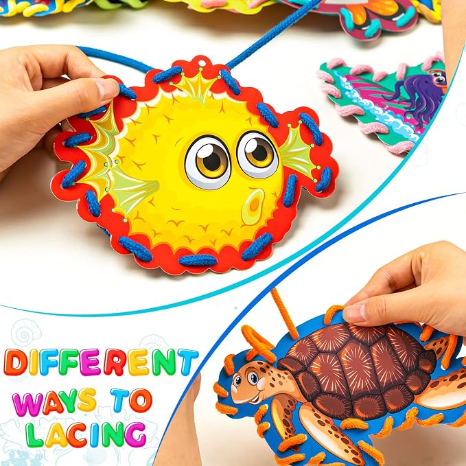 12 Pcs Lacing Cards for Kids, Sea Animals Sewing Cards with 12 Colorful Laces, Thicken Double Sided Lacing Playing Games for Children Developing Imagination Education Supplies