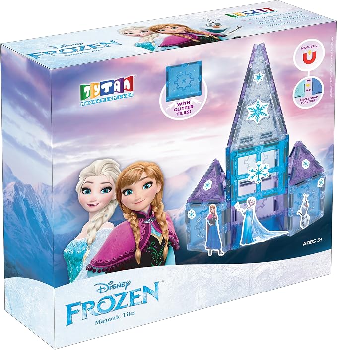 Tytan Toys Disney Frozen Magnetic Tiles Princess Castle - 20-Piece STEAM Building Set with Glitter Tiles & Elsa, Anna, Olaf Stickers - Educational Frozen Toys for Girls Age 3-4+