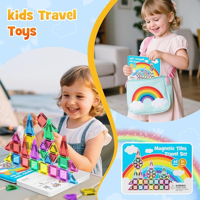 Travel Magnetic Tiles Set Kids: 40pcs Blocks Iron Box Carry,45s Storage | 30+ Mins Screen-Free Quiet Play, Strong Magnets Hold 6 Tiles, for Planes/Car/Restaurant, Ages 4-8