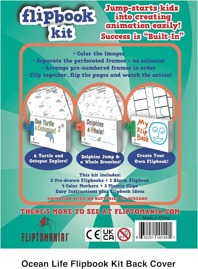 Fliptomania Flipbook Make-Your-Own Flip Book Kit for Kids 3 Pack, Crab and Octopus, Dolphin and Whale , & Blank DIY Flipbook Paper, Drawing Kids Arts & Crafts Project Set, for Kids Ages 8-12