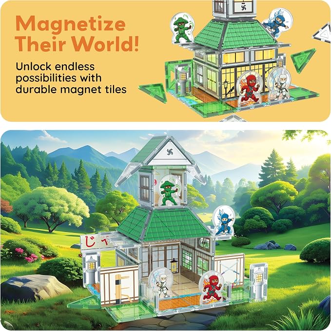 PicassoTiles Magnetic Tile Ninja Dojo Theme Set Two Sided Printed Designs Interior Exterior 3D Magnet Tiles 4 Character Ninjas STEM Education Learning Kit Building Blocks Toys Kids Ages 3 4 6 7 PTQ107