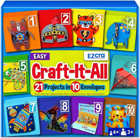 EZCRA Craft Box for Kids Ages 4-8 - 21-in-1 Arts and Crafts Kit | Mess-Free Activity Kit for Boys and Girls. 21 Craft Projects included. Birthday Gift for Kids.