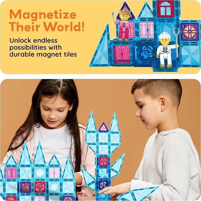 PicassoTiles 71pc Mini Diamond Series Winter Ice Theme Magnetic Tile Building Blocks 2 Character Action Figures Travel Size On-the-Go Magnet Construction Toy Set STEM Development Kit Ages 3+ PTM71