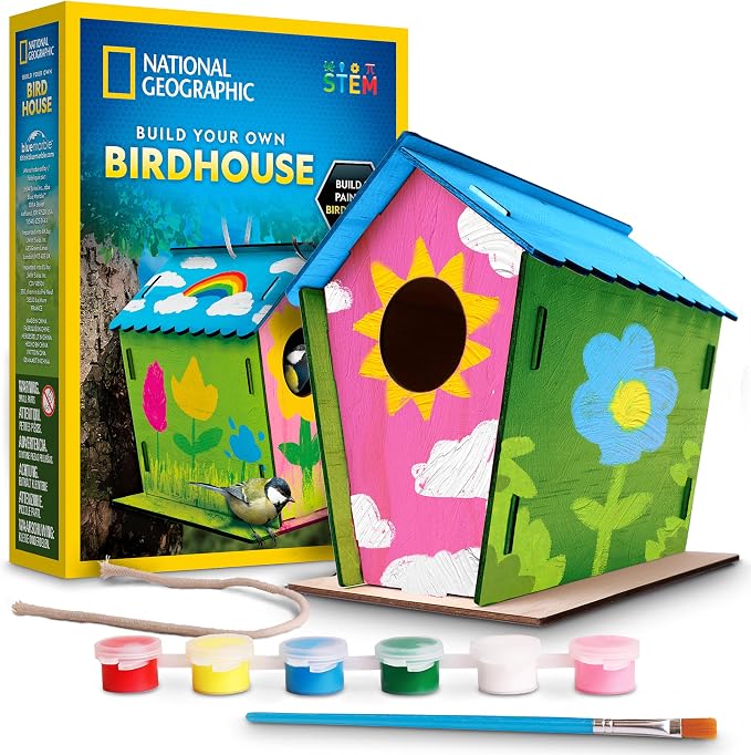 National Geographic Build Your Own Wooden Birdhouse Craft Kit for Kids | DIY Wooden Birdhouse, Paints and Brush, Bird-Watching Journal, Educational Poster, Outdoor Nature Craft, Birthday Gift