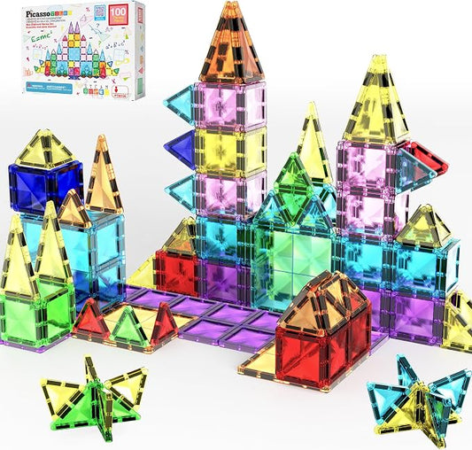 PicassoTiles 100 Piece Mini Magnetic Tiles, Travel STEM Toy for Kids 3+ | Diamond-shaped design, translucent pieces, compact carrying case, Montessori-inspired play, screen-free creativity