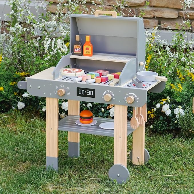 Wooden Grill Playset for Kids with Grilling Tools and Play Food | Realistic Pretend Barbecue Cooking Toy, BBQ Role-Play Set for Imaginative Play, Creative Gift for Boys and Girls Ages 3+