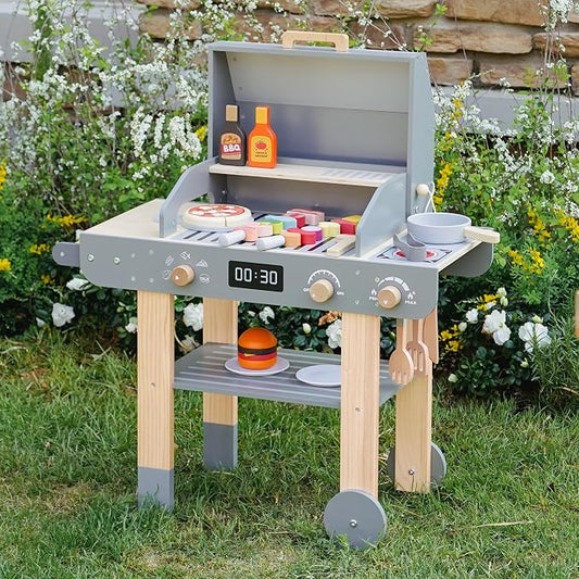 Wooden Grill Playset for Kids with Grilling Tools and Play Food | Realistic Pretend Barbecue Cooking Toy, BBQ Role-Play Set for Imaginative Play, Creative Gift for Boys and Girls Ages 3+