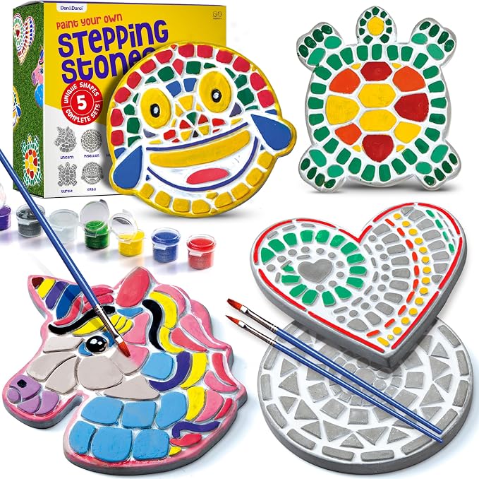 Stepping Stones Painting Kit for Kids - 5 Paint Your Own Garden Stones | 5 Stepping Stones with Paints and Brushes, Crafts for Kids Ages 6-8 - Birthday Gifts for Girls & Boys Ages 6 7 8 9 10 Years