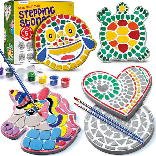 Stepping Stones Painting Kit for Kids - 5 Paint Your Own Garden Stones | 5 Stepping Stones with Paints and Brushes, Crafts for Kids Ages 6-8 - Birthday Gifts for Girls & Boys Ages 6 7 8 9 10 Years