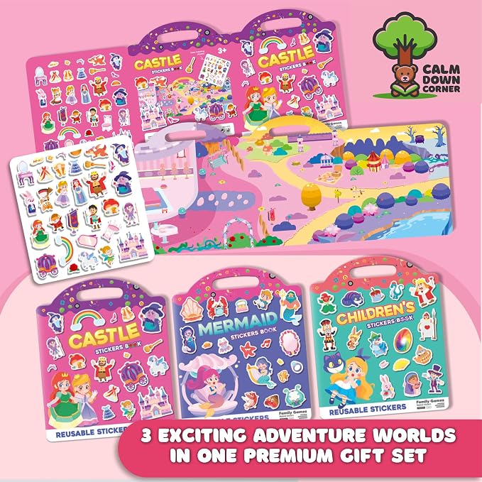 Premium Reusable Jelly Sticker Book Set for Toddlers & Kids – 3 Pack Collection with Castle, Mermaid & Children's Scenes | Washable Silicone Stickers | Screen-Free Travel Activity