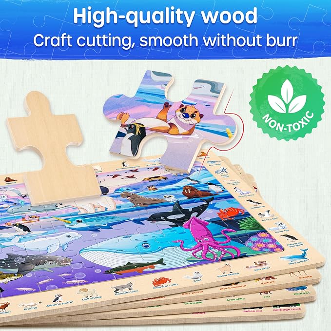 SYNARRY Wooden Puzzles for Kids Ages 4-6, 4 x 60 Piece Match & Find Puzzles for Kids Ages 3-5 Boy Girl, Educational Easter Gifts for 4-8 Year Olds, Learning Jungle Savannah Polar Animals & City Life