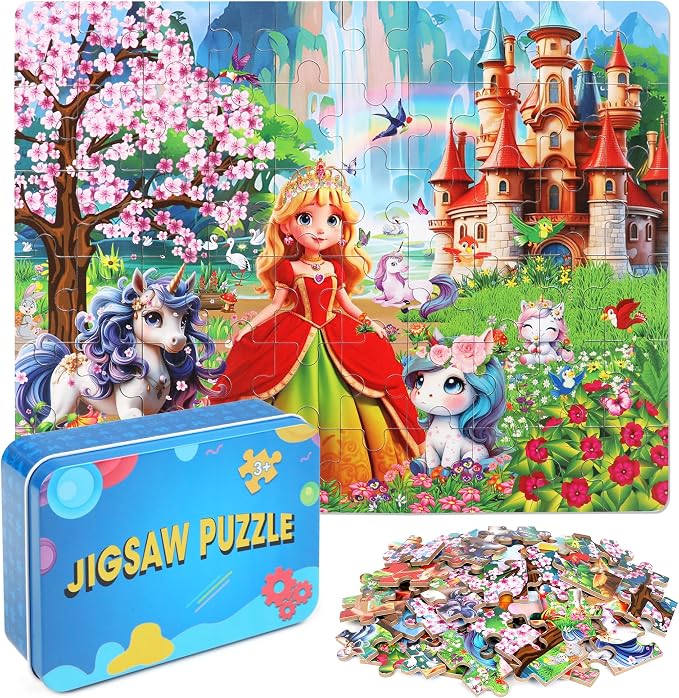 LELEMON 60 Pieces Jigsaw Puzzles for Kids Ages 4-8 Princess and Unicorns Puzzles Boys Girls Children Learning Educational Puzzles Portable Box Pack Toy