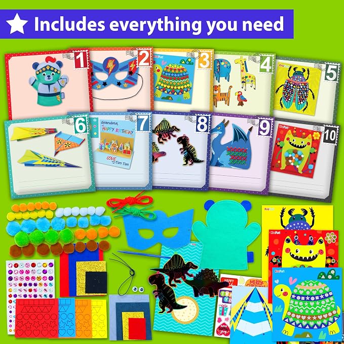 KRAFUN Toddler Beginner Art & Craft Kit Ages 3-5 | 10 Envelopes | 10 projects: Origami, Puppets, Lacing & Pompoms. Preschool educational activities. Creative DIY gift for boys & girls