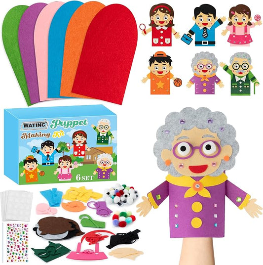 WATINC Hand Puppet Making Kit, Felt Sock Puppet Toys for Kids (Family) | 6 Styles, Make Your Own Storytelling & Role Play Crafts, Creative Group Activity, Party Favors & Gifts for Kids Ages 4-8