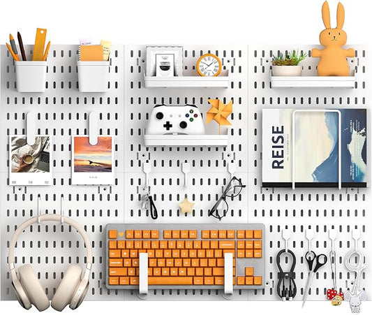 Peg Board, 24"x36" Pegboard Wall Organizer, Includes 6PCS White Peg Boards and Accessories, Plastic Peg Board Panels for Craft Room, Office, Kitchen, Gaming Room
