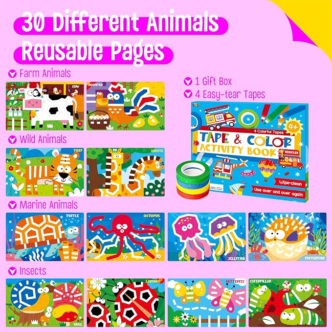 SpriteGru Tape Activity Book, 30 Dry Erase Scenes and 4 Colorful Tapes, Reusable & Erasable Pages and Easy-Tear Tapes, Fun and Creative Animal Theme Game Pad for Road Trip, Travel, At Home