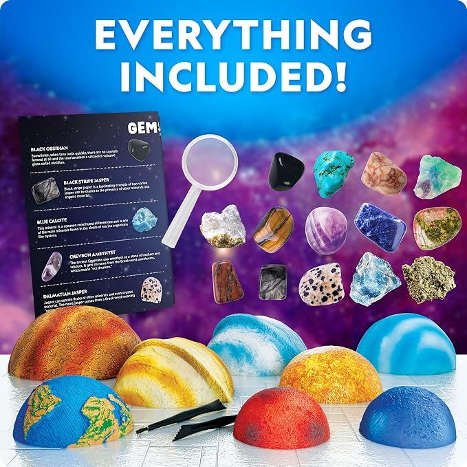 National Geographic Space Gemstone Dig Kit with 16 Real Specimens | 8 Planet-Shaped Dig Bricks, 16 Rocks and Gemstones, Excavation Activity, Space Science, Gem Mining, Birthday Gift