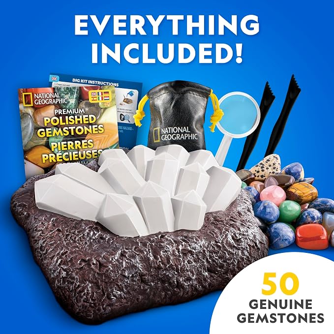 National Geographic Gigantic Gemstone Dig Kit with 50 Real Gemstones | Giant Dig Brick, Amethyst, Quartz & Tiger's Eye, Gem Mining Activity, Excavation Tools, Magnifying Glass, Birthday Gift