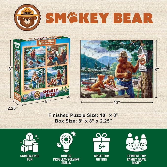 MasterPieces Puzzle Set - 4-Pack 100 Piece Jigsaw Puzzle for Kids - Smokey Bear 4-Pack - 8"x10"
