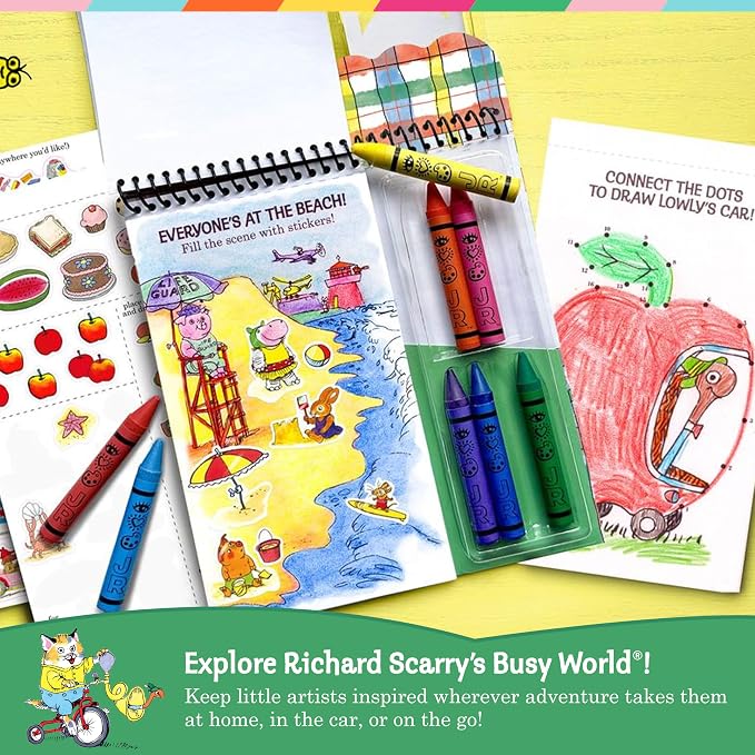 Bright Stripes Richard Scarry Art on the Go Travel Coloring Kit, Ages 3+ | Sticker activity set with crayons, screen-free creative play designed to entertain little ones and older preschool children