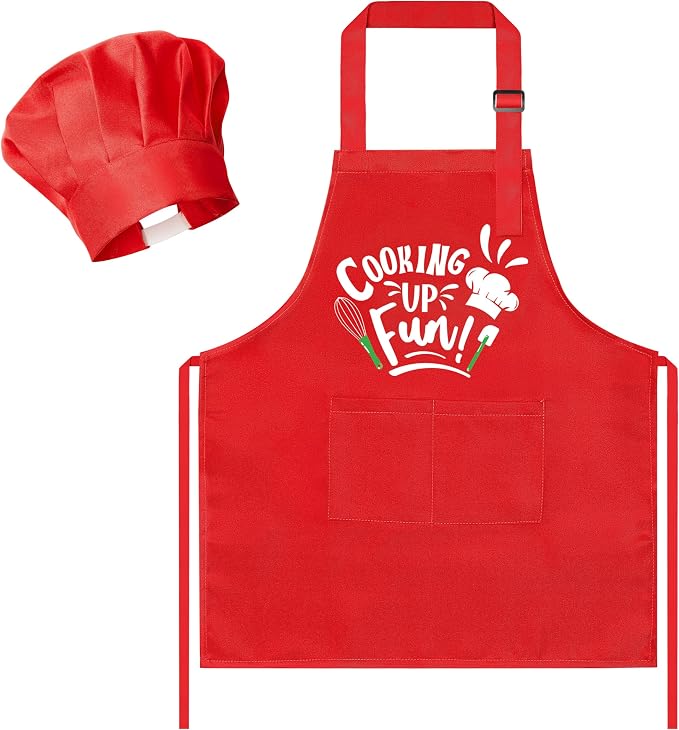 R HORSE Kid Apron and Chef Hat Set 2Pcs Adjustable Red Cooking Children Kitchen Apron, Waterproof Dress up Role Play Chef Toy Funny Cooking Baking Painting and Training Kit for Kid Birthday Party Gift