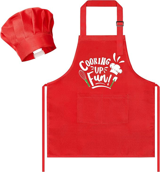 R HORSE Kid Apron and Chef Hat Set 2Pcs Adjustable Red Cooking Children Kitchen Apron, Waterproof Dress up Role Play Chef Toy Funny Cooking Baking Painting and Training Kit for Kid Birthday Party Gift