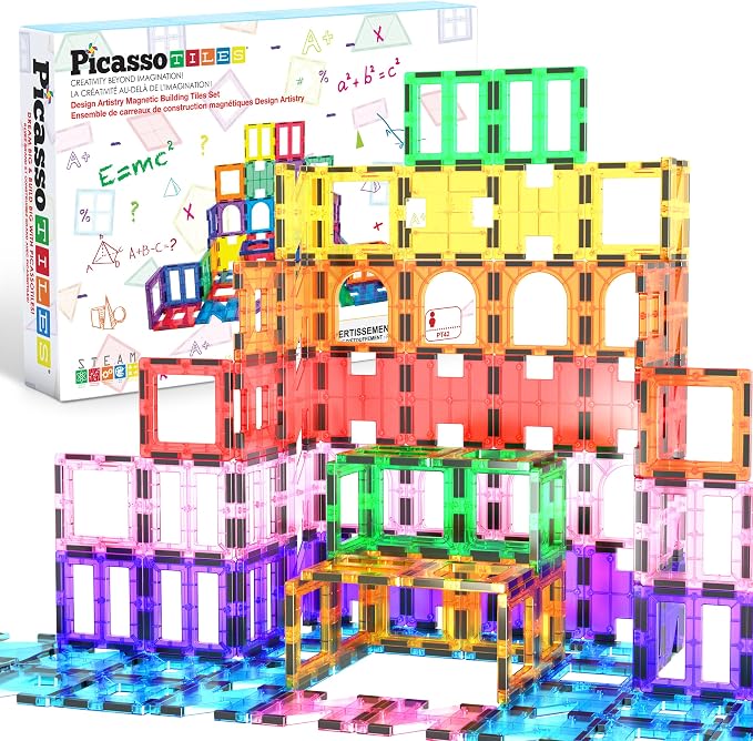 PicassoTiles Magnetic Tiles Building Blocks STEM Toy Set for Kids Ages 3+ | geometric shapes, educational preschool playset, clear window design, ideal starter pack, early brain learning, pretend play