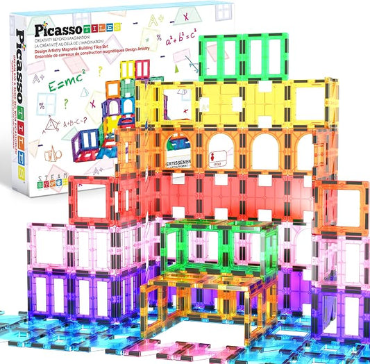 PicassoTiles Magnetic Tiles Building Blocks STEM Toy Set for Kids Ages 3+ | geometric shapes, educational preschool playset, clear window design, ideal starter pack, early brain learning, pretend play