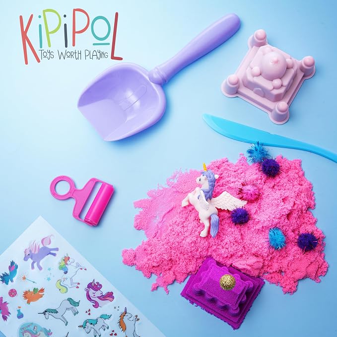 Kipipol Unicorn Sensory Bin for Toddlers 3-4, 5-7 Magic Sand Art Kit w Sandbox, 2.4 LB of Sensory Sand, 10 Sand Toys, 4 Unicorn Toys for Girls Age 4-6, 6-8 Christmas & Birthday Gifts for Girls