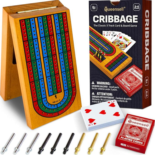 Cribbage Board Game Set with Storage - Classic Game Travel Cribbage Board with Wooden Card Storage for Adults & Kids - Ideal for Game Night
